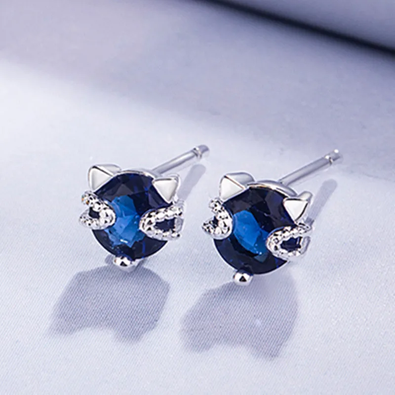 JoiasHome, корейские 925 Серебряные женские серьги с 9 мм в форме кошки, Кристальные драгоценные камни, Женские Ювелирные украшения, свадебные, вечерние,, подарок - Цвет камня: Navy blue