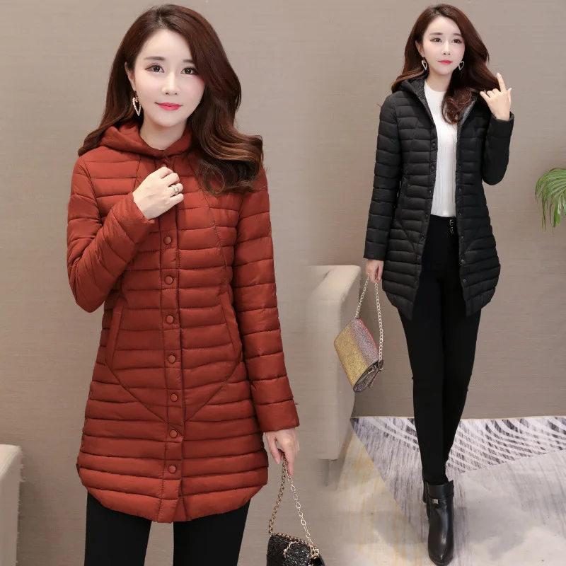 

2018 Winter Korean-style Slim Fit Versitile Fashion Thin down Jacket Cotton-padded Clothes Coat Mid-length Hooded Cotton-padded