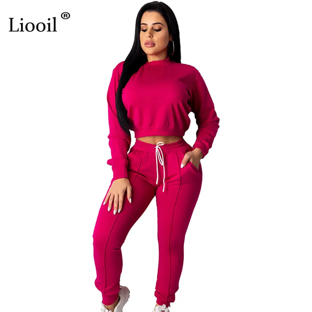 Rose Red Liooil черно-белый спортивный костюм женский комплект из двух предметов Осень-Зима с длинным рукавом сексуальный укороченный топ и брюки-карандаш спортивные комплекты - Цвет: Rose Red