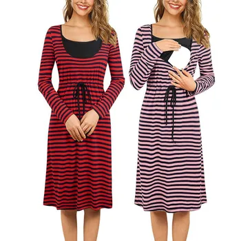 

Women's long Sleeve Nursing Dress Stripe Maternity Dress Breastfeeding Pregnancy Clothes Pregnant Women Dresses Soft Clothes