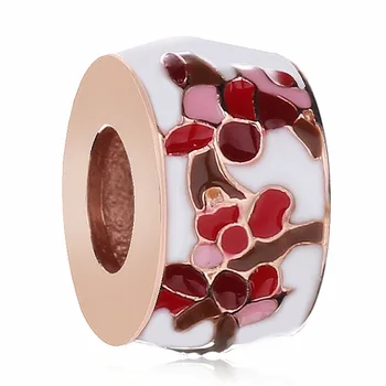 

New 925 Sterling Silver Bead Charm Red Enamel Rose Peach Blossom Beads Fit Bracelet Bangle Diy Jewelry