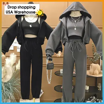 

Sports and leisure suit women's long-sleeved hooded loose cardigan jacket + camisole + high-waist corset three-piece suit