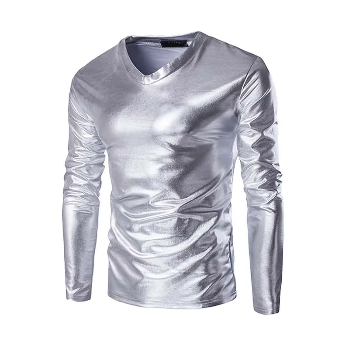 Silver Осенняя бронзовая яркая поверхность костюм с длинным рукавом Футболка мужская Тонкая фитнес Базовая рубашка Мужские Сценические Топы футболка одежда с вырезом - Цвет: Silver