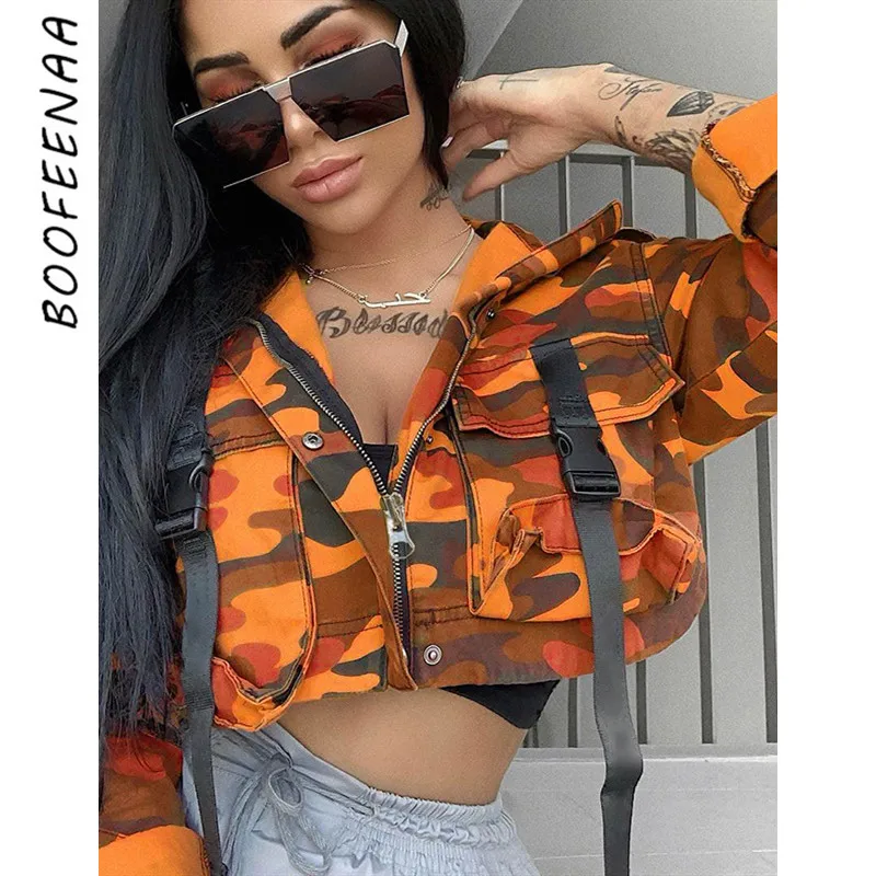 BOOFEENAA оранжевая камуфляжная укороченная куртка на молнии женская уличная Высококачественная зимняя куртка ветровка верхняя одежда C67-BA03