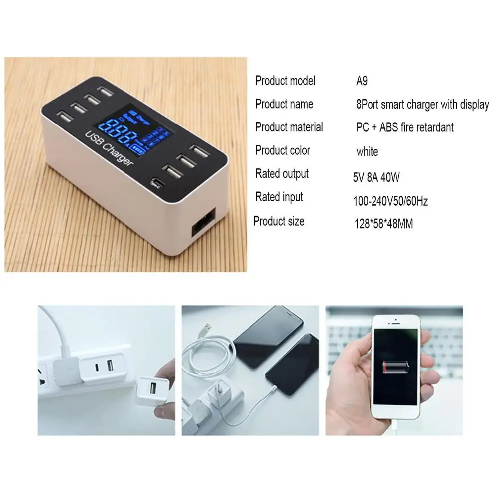 8 портов usb type C зарядное устройство умный светодиодный дисплей USB Быстрая Зарядка адаптер 40 Вт Смарт зарядное устройство для путешествий AU EU US UK Plug