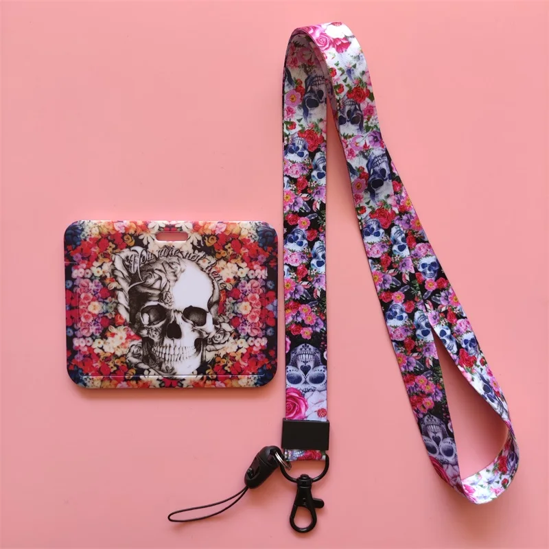 

Lovely Women's Skull ID Credit Bank Card Holder Students Bus Card Case Hand Rope Visit Door Identity Badge Cards Cover