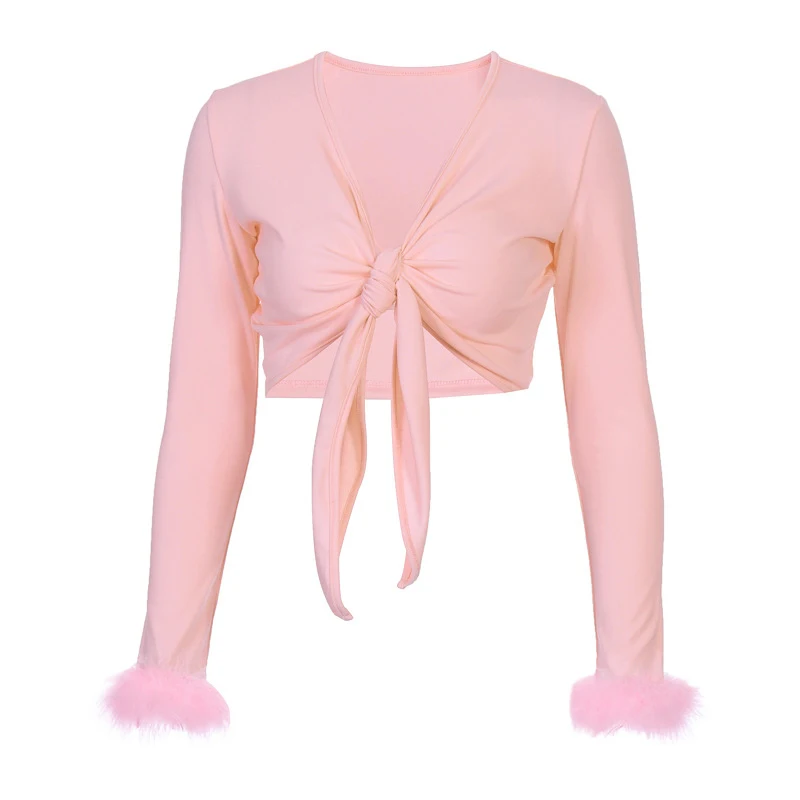 pink Simenual Sexy Bandage V Neck Women Party Crop Top Long Sleeve Hairy Patchwork T Shirt Fashion Autumn Solid Slim Short Tees - Цвет: pink