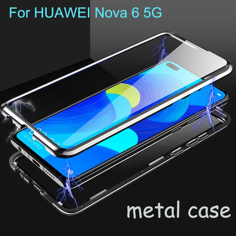 Для HUAWEI Nova 6 Чехол, металлическая двухсторонняя задняя крышка из закаленного стекла для HUAWEI Nova6 5G, алюминиевый прозрачный чехол