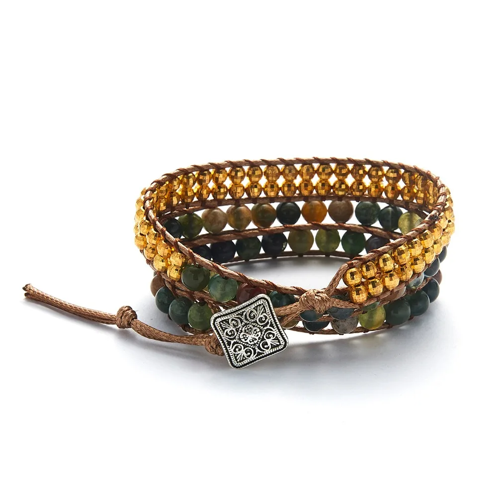Women Bohemian Bracelets Vintage Multi-layer Leather Wrap Bracelet Handmade Rope Indian Natural Stone Bracelets Dropship