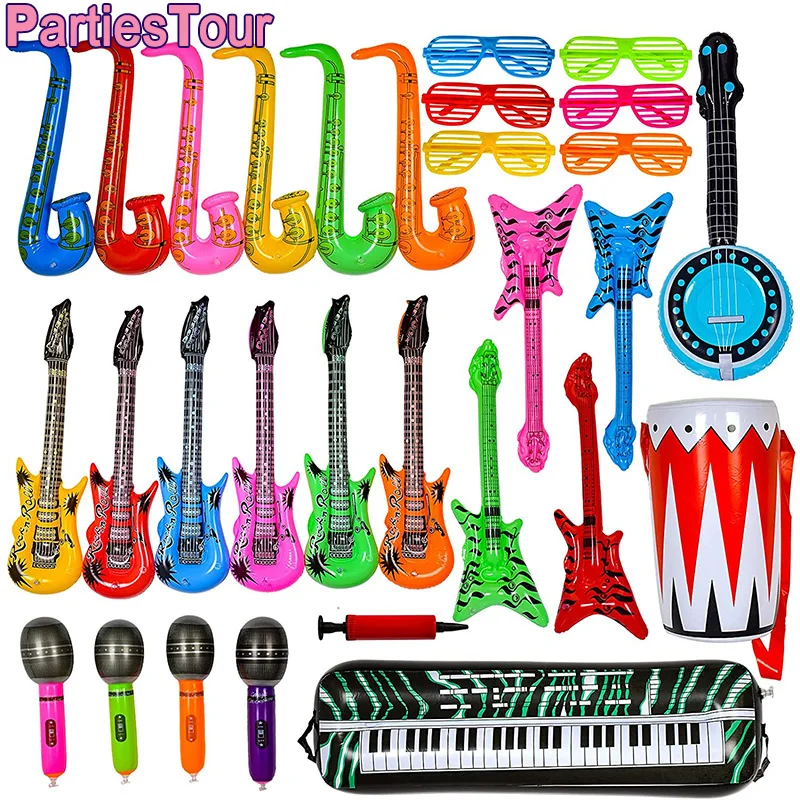 Inflatable Rock Star Toy 80s Party Decor Musical Instrument Inflate Rock Band Assortment for Concert Rock and Roll Party Supplie