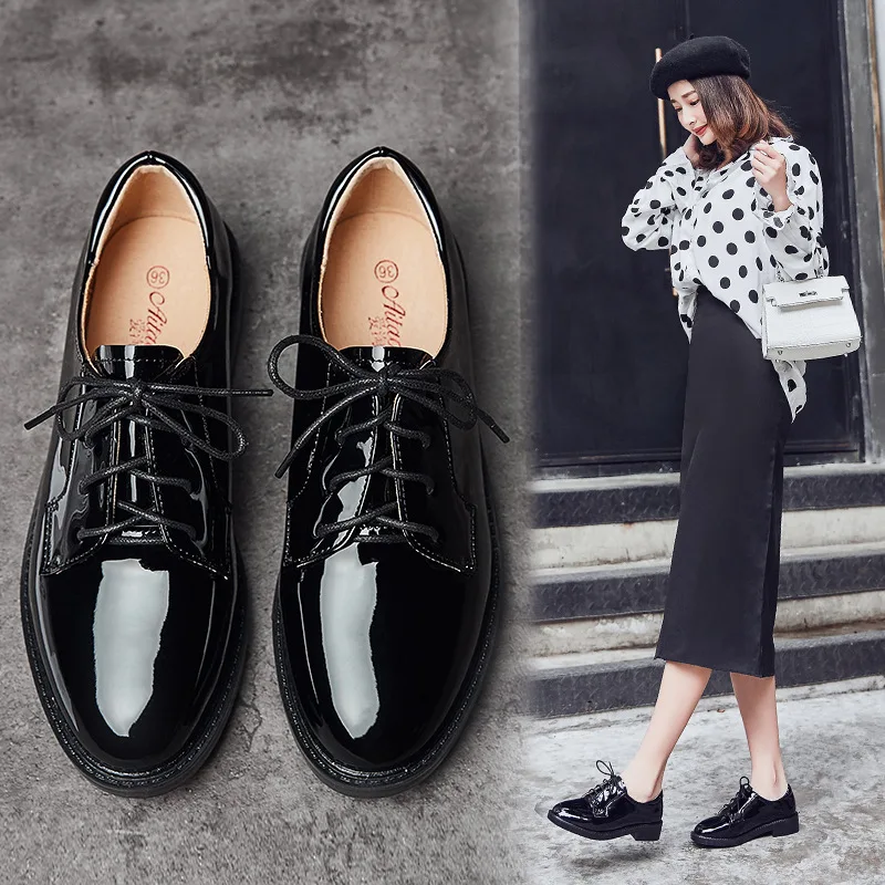 

Small Leather Shoes Women's 2019 New Style Autumn & Winter plus Velvet England College Style Chunky-Heel Flat Lace-up Black Thin