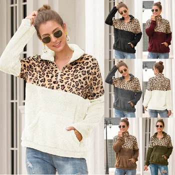 

Womens Autumn Winter Casual zipper hoodies Coat Outerwear Lady Jacket women's zip up Leopard patchwork turn down collar Hooded