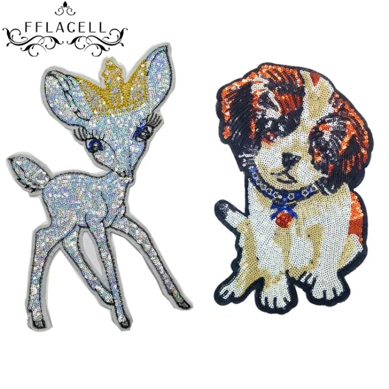 

FFLACELL Sequin Patch Stickers Sew On Patches Dog Deer Patch For Clothing Sweatshirt Decoration