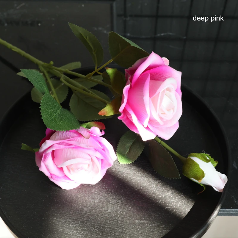 deep pink 3 головки 56 см фланелевая Жемчужная роза имитация цветов для дома украшения свадебный букет цветы растения на стену искусственные цветы - Цвет: deep pink