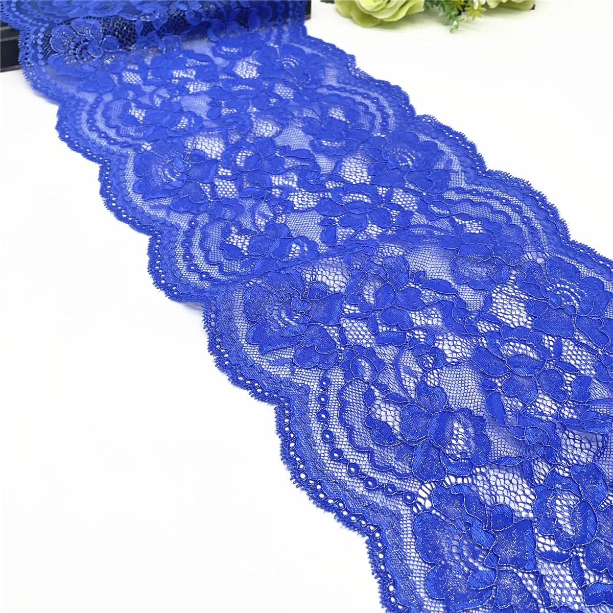 3y/lot Width 22.50cm Blue With Foil Shiny Elastic Stretch Lace Trims 1
