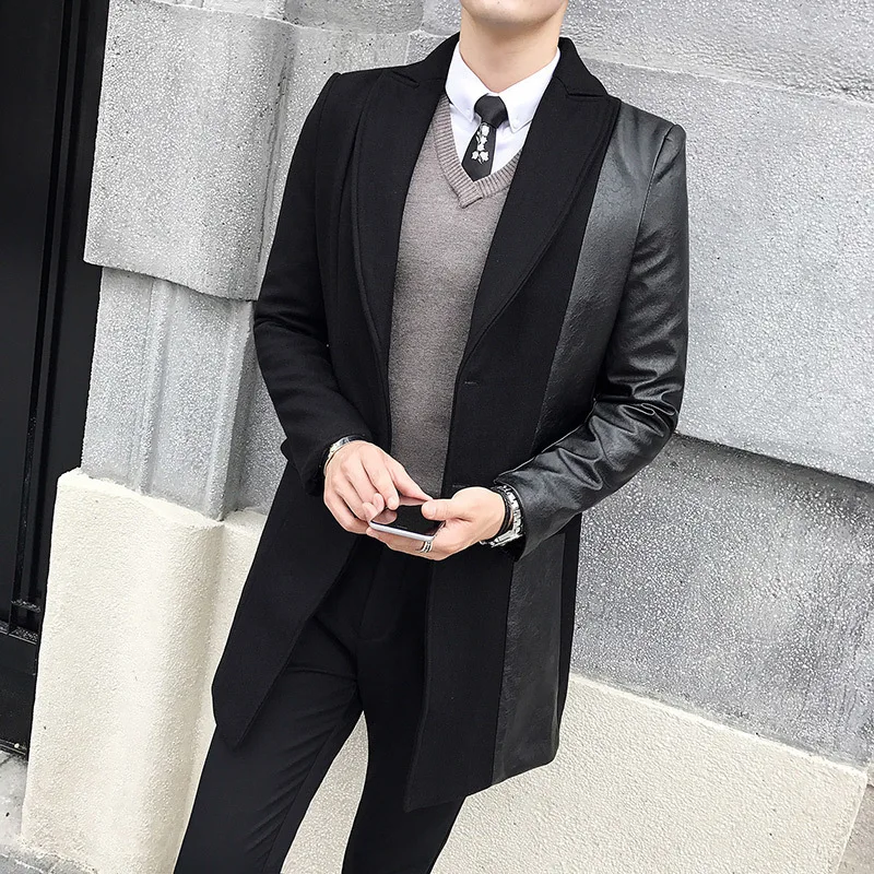 

High Quality Biker Homme Spring Splicing Leather Jacket Men Moto Veste Hommes Baseball Collar Mens Wool Trench Coat