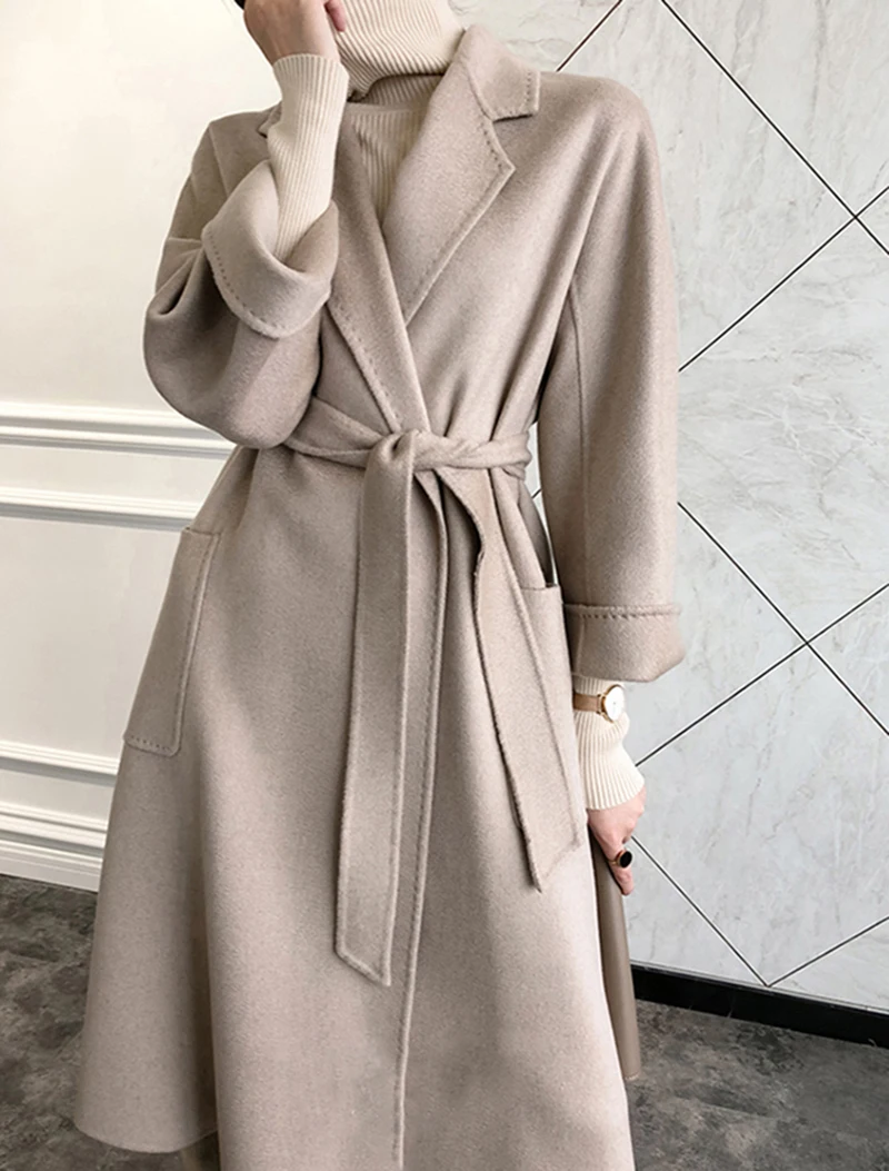 Зима Осень женское модное роскошное кашемировое шерстяное длинное пальто с волнистой поверхностью - Цвет: oat