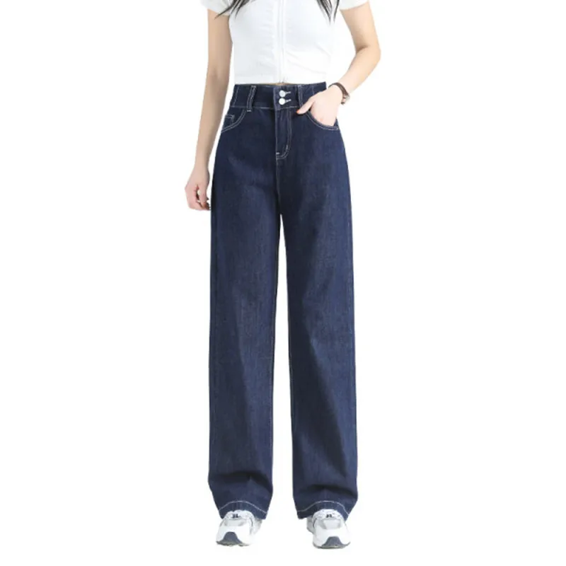 2021 New Fashion Women's Solid Color High Waist Loose Jeans Street Double Button Straight Wide-leg Pants | Женская одежда