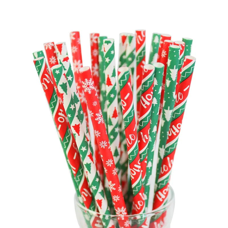 

25pcs Red Green paper straws snowflake christmas tree mixed Christmas Party Decoration Disposable Straws 19cm