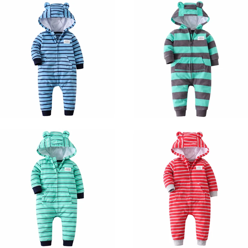 stripe baby boy long sleeve hooded jumpsuit newborn girl winter clothes 2021 new born Overall Costume 6-24M cotton+fleece zipper