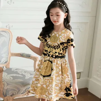 

2020 New Summer Dress for Girls Elegant Party Dress for Baby Girls Golden Flower Design Yellow Party Dress for Kids