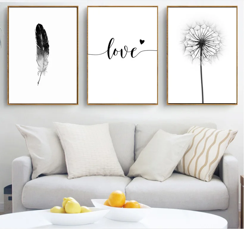 Черный и белый Одуванчик перья плакат принт с надписью Love Wall Art холст для живописи