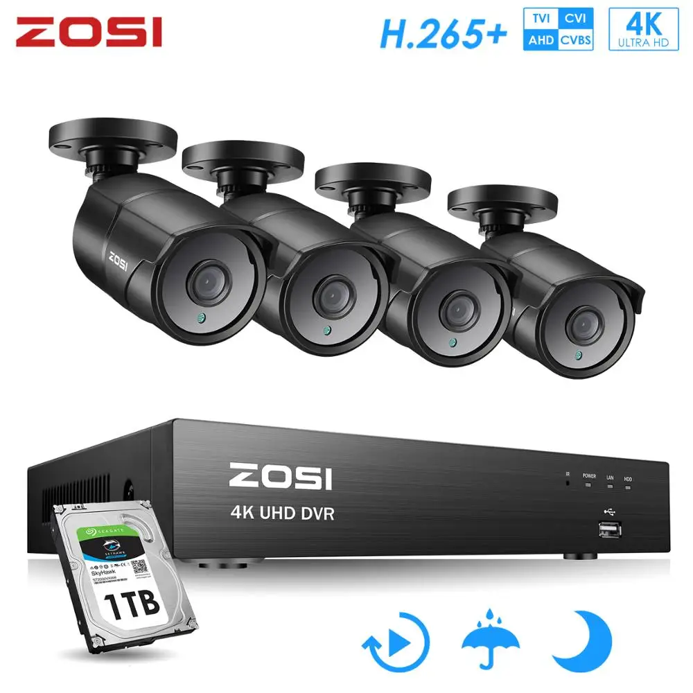 

ZOSI 4K Super HD 8CH 4-in-1 TVI CVI AHD CVBS H.265+ CCTV Video Surveillance DVR with 8MP Waterproof Nightvision Bullet Camera
