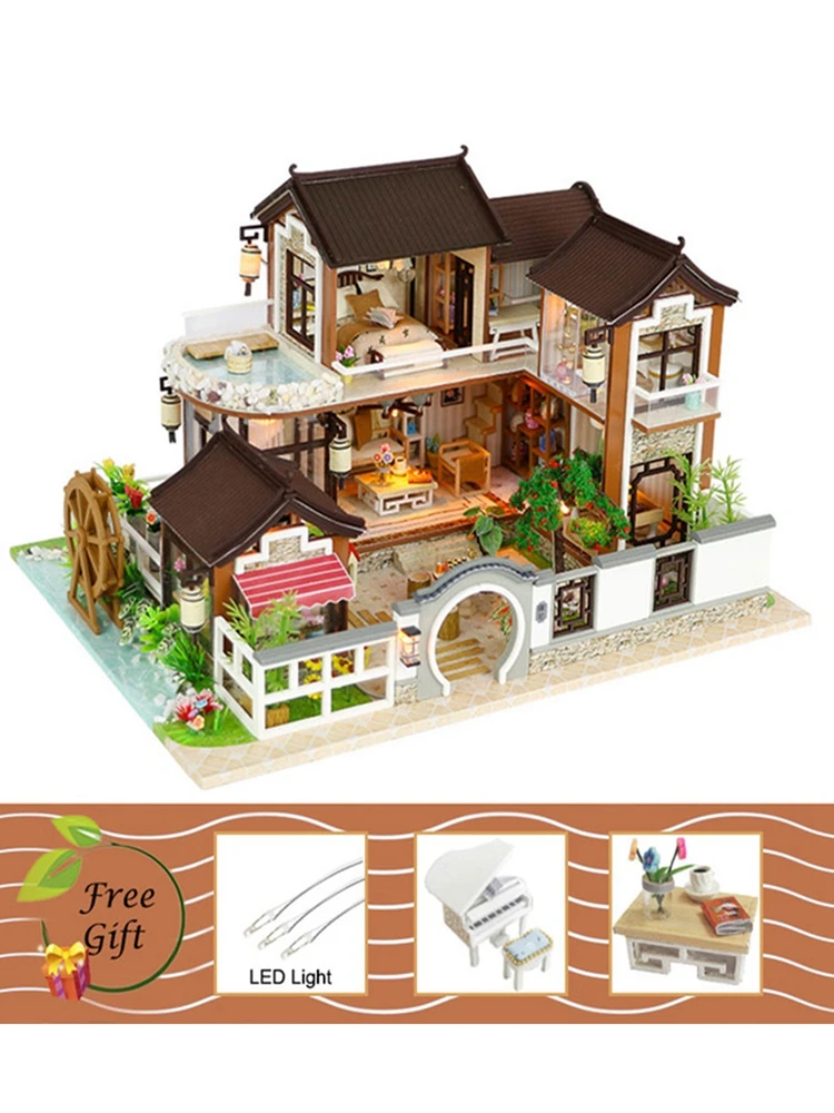 Деревянный сборный Кукольный дом DIY ручной работы дома миниатюрный кукольный домик мебель набор большой светодиодный игрушки для детей Рождественский подарок A080 - Цвет: 13848