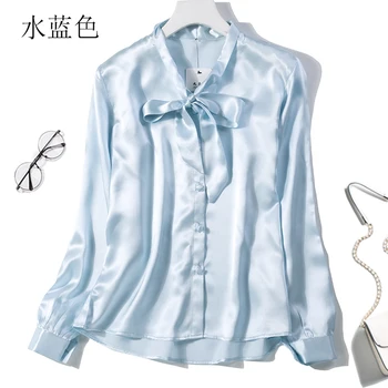

Women's 100% Pure Silk Satin Solid Color Shirt Top Blouse Tie Bow Neck Buttons office work M L JN061-1
