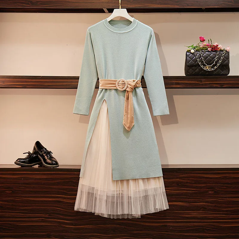 

2019 Autumn Winter Women Open Fork Long Sweater + Elastic Waist Mesh Skirt Sets Long Sleeve O-Neck Knit Top Sashes Two Piece Set