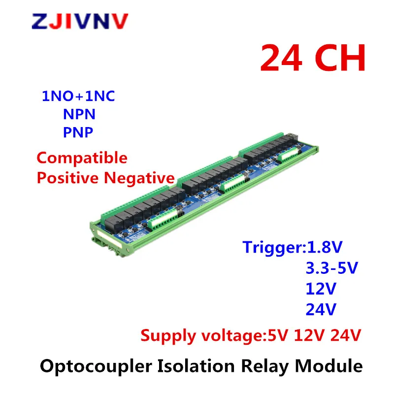 

24 Channels NPN PNP 1NO+1NC DIN Rail Mounting Optocoupler Isolation Relay Module DC 5V/12V/24V Trigger 1.8V/3.3-5V/12V/24V