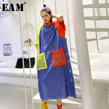 

[EAM] Women Blue Grid Pocket Button Big Size Dress New Hooded Half Sleeve Loose Fit Fashion Tide Spring Summer2020 1T843