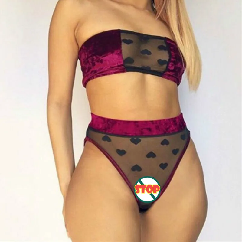 Wine red Новинка, женское бархатное кружевное нижнее белье, наборы, Babydoll, корсет, топ-труба, сетчатые трусики, ночное белье, в горошек, нижнее белье, комплект одежды для сна - Цвет: Wine red