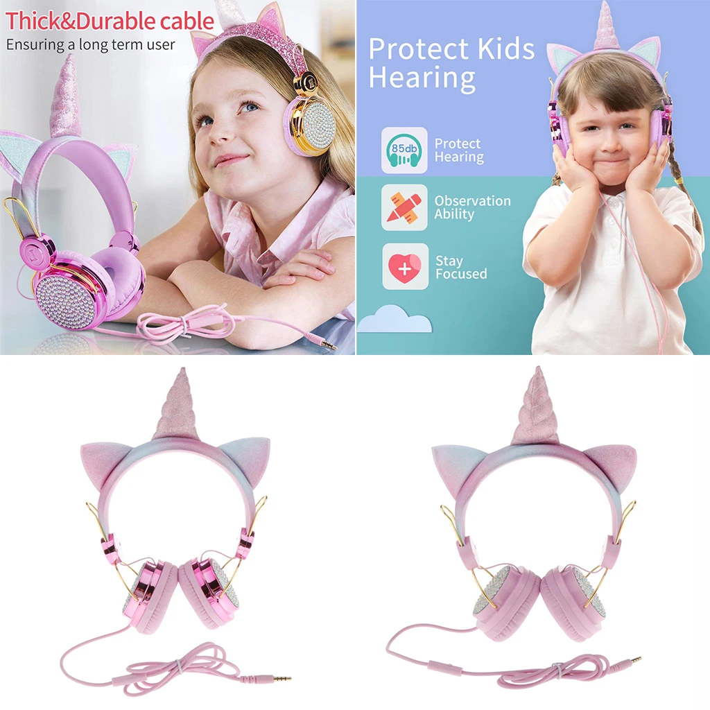 Unicorn Cartoon Glitter Kids On Ear Headphone with Microphone for Girls