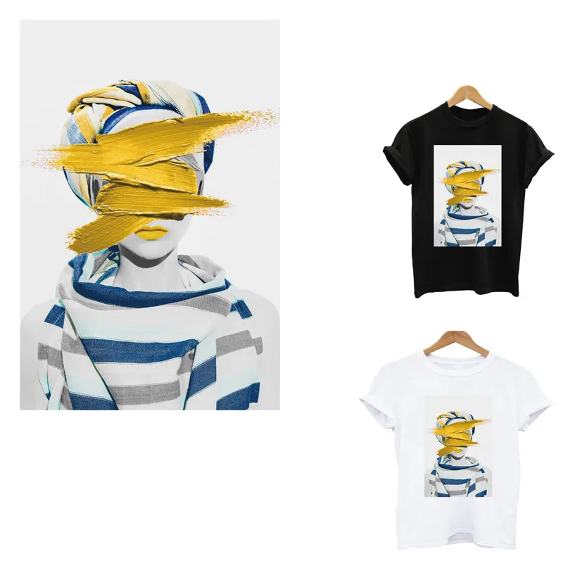 

Fashion girl stripes thermo stickers on clothes application of one heat-sensitive patch iron on transfers for clothing applique