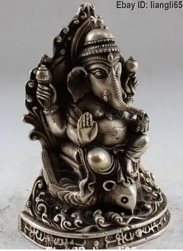 YM 306 " тибетская статуя серебро Индия 4 Arms Ganapati Ganesh Lord Ганеша Будда статуя