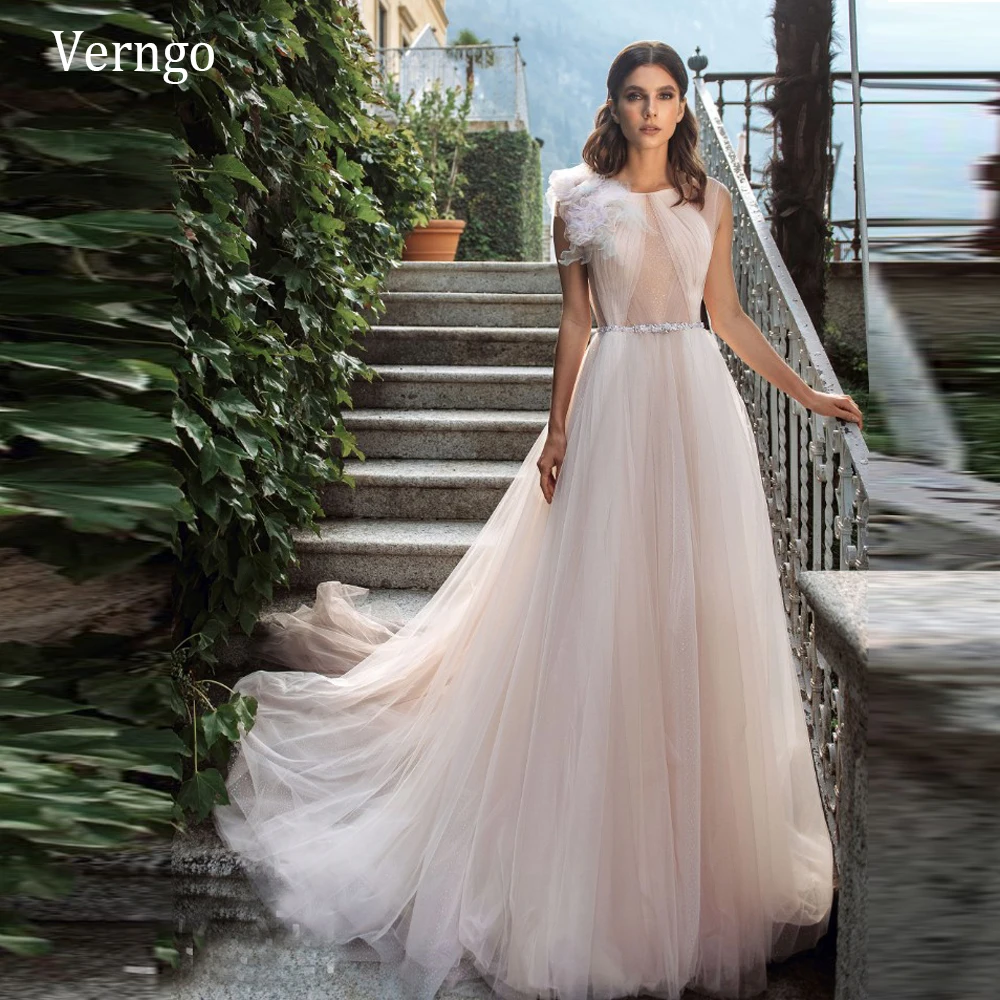 

Verngo Simple A Line Tulle Wedding Dress Blush Light Pink Sweetly Bride Gowns With Crystal Sash Vintage Long Formal Dress 2021