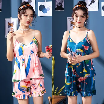 

YAO TING summer leisure women pyjamas suit sexy sleepwear 2 pieces Backless Sleeveless Ladies pajamas V-neck smooth nightwear