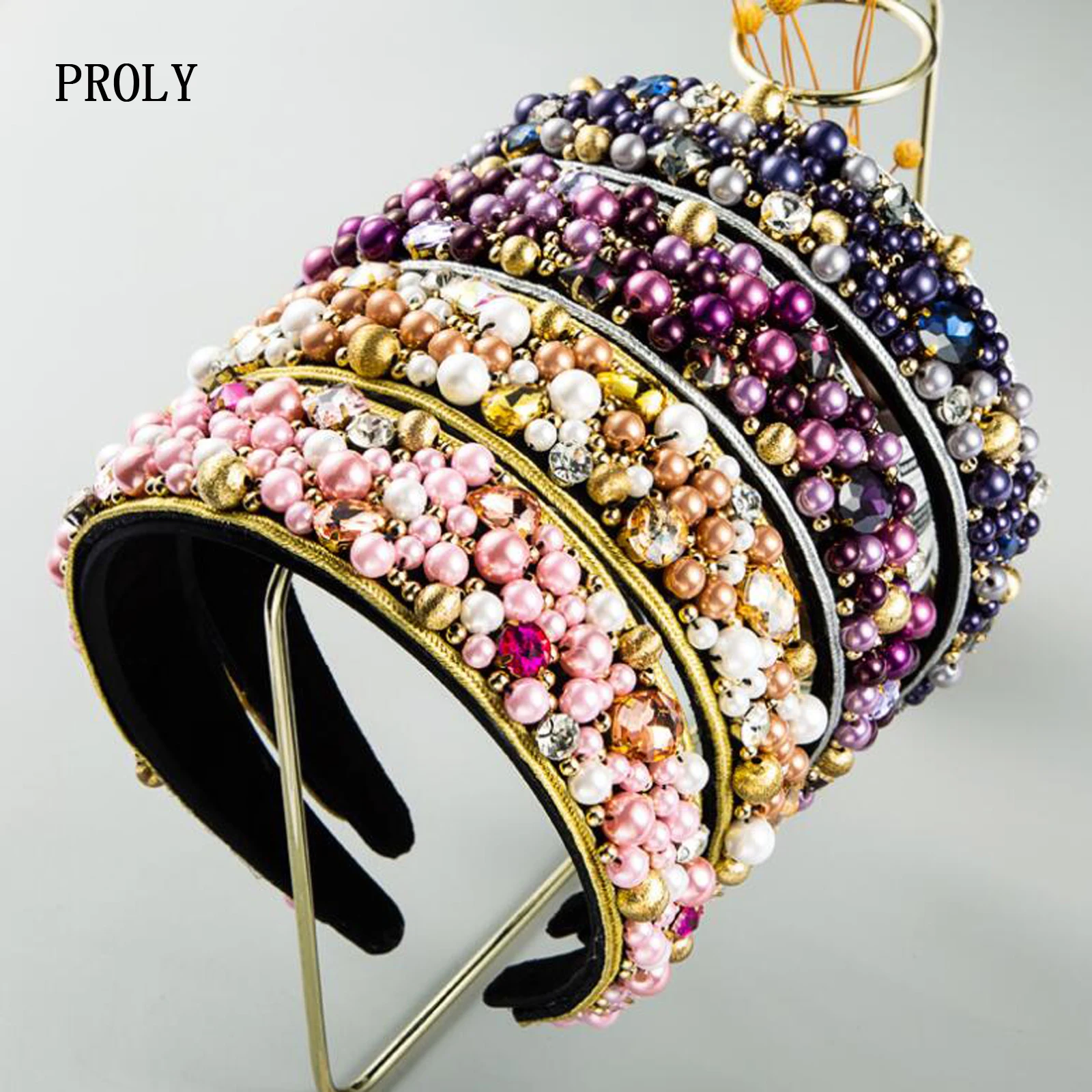 

PROLY New Baroque Hair Accessories Women Shining Pearls Rhinestone Hairband Wide Side Luxurious Headwear Bride Headband