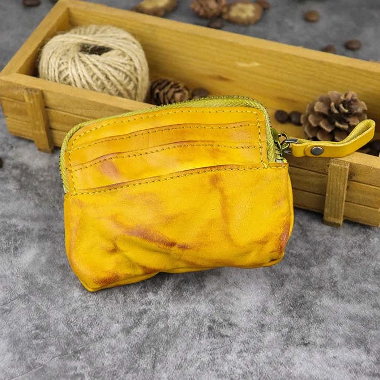 Yellow Кошелек из натуральной кожи для монет, держатель для карт, для мужчин и женщин, винтажный, ручной работы, короткий тонкий маленький кошелек на молнии, сумка для денег, сменный карман, мужской - Цвет: Yellow