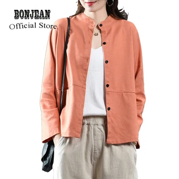 

Women Linen Jacket Outwear Stand Collar Big Loose Retro Vintage Fashion Casual for Spring Summer AZ18491426