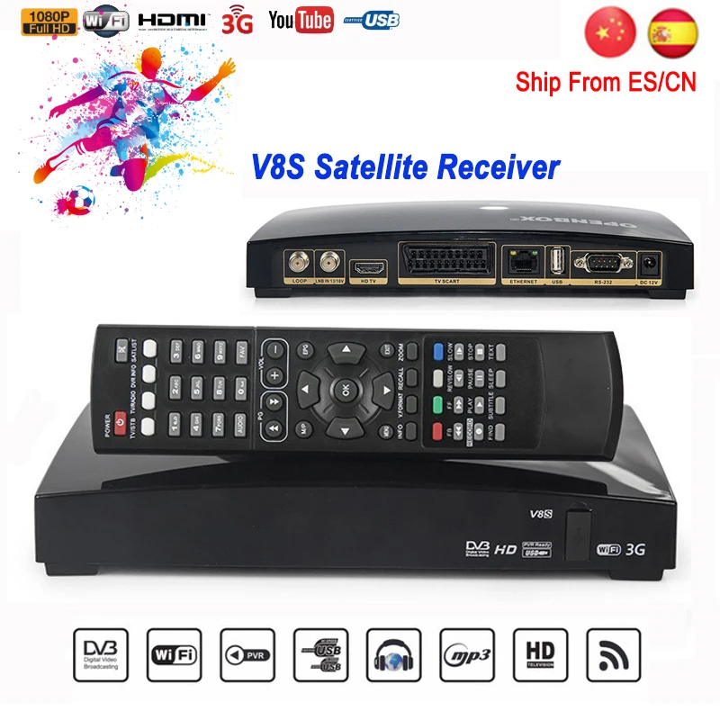 

Hot Original Openbox V8S DVB-S2 Digital Satellite Receiver Webtv Biss Key 2*USB Slot Support Europe Spain Cable Lines Receptor