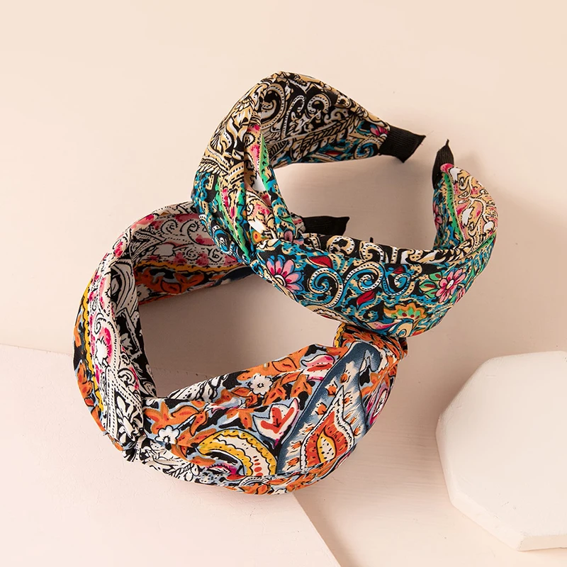 

New Ethnic Headband Wide Side Cross Knot Flower Hairband National Style Bohemia Hair Hoop Print Headwear Hair Accessories