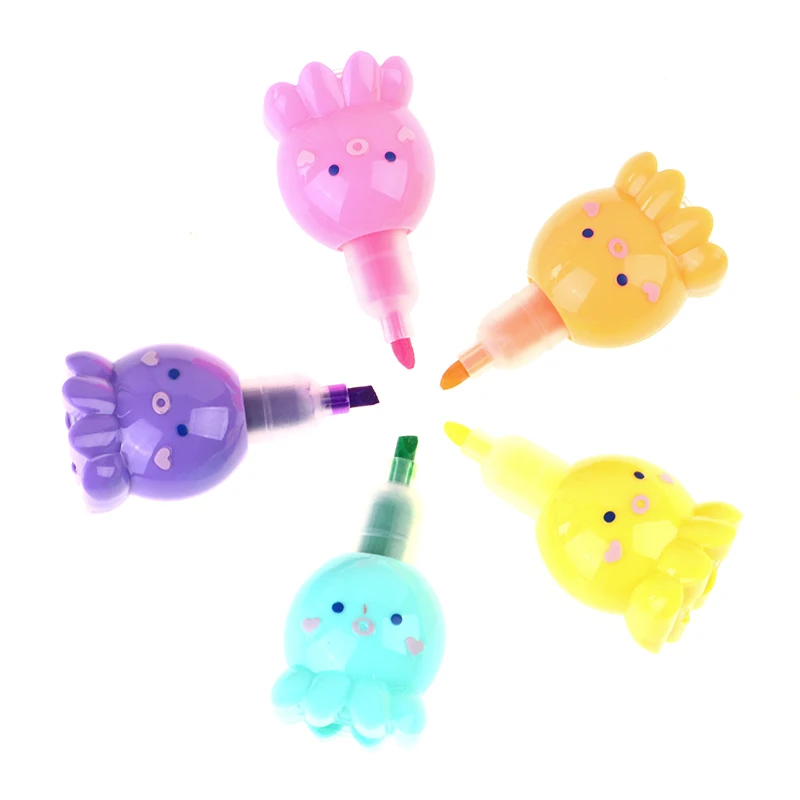 5 Colors Octopus Fluorescent Marker Pen Set Highlighter Pens Painting Highlight Mark Cute Stationery School Supplies.