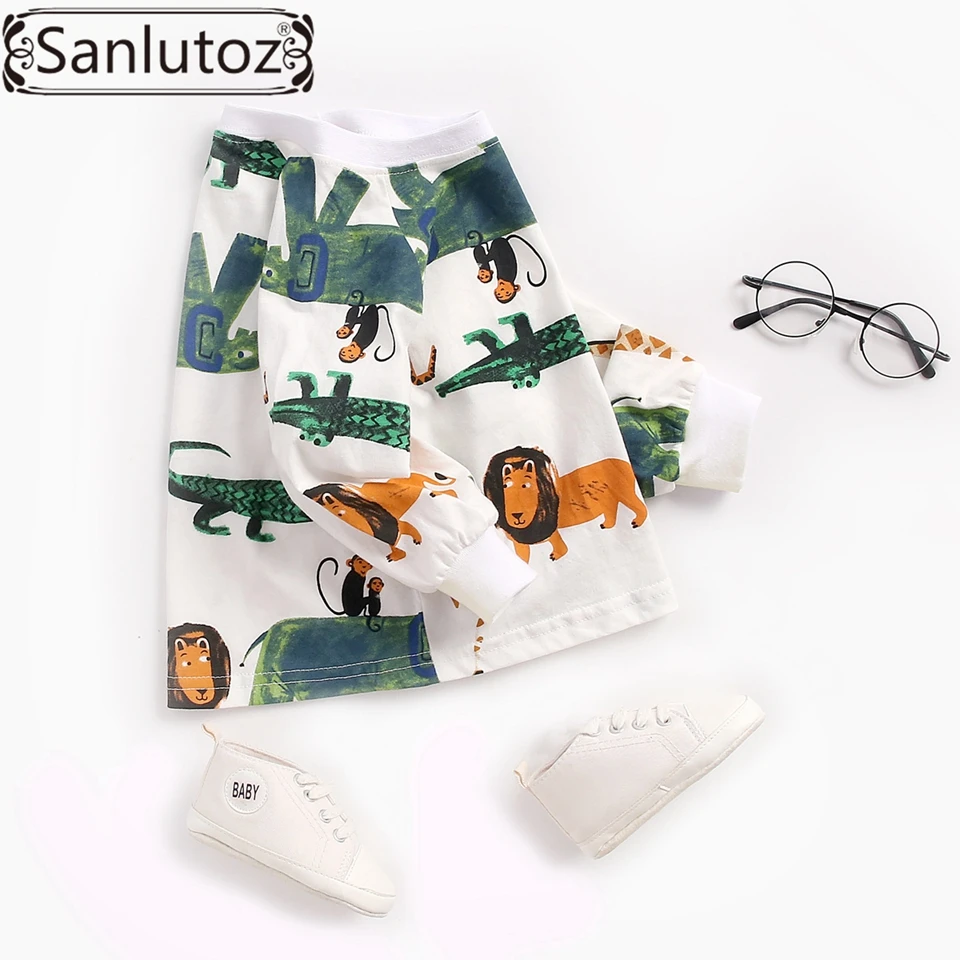 Sanlutoz/футболка для новорожденных мальчиков; хлопковые топы для младенцев; модная детская одежда с длинными рукавами и принтом с героями мультфильмов