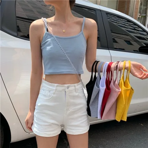 Light blue Новинка; летняя повседневная женская одежда в Корейском стиле; модный бренд; короткие укороченные топы без рукавов; Женский Тонкий жилет - Цвет: Light blue