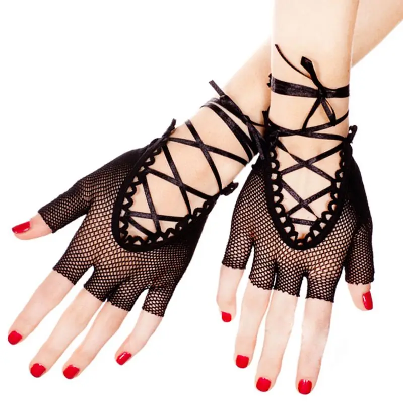 Женские сексуальные панковские перчатки длиной до запястья, одноцветные ажурные перчатки с перекрещивающимися ремешками, на шнуровке, бандажные перчатки, Вечерние перчатки для танцев