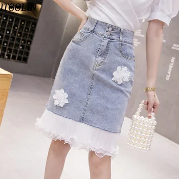 

ITOOLIN Summer Denim Skirts Women Fashion High Waist Chiffon Floral Burrs Denim Skirts High Street Pockets Button Jeans Skirts