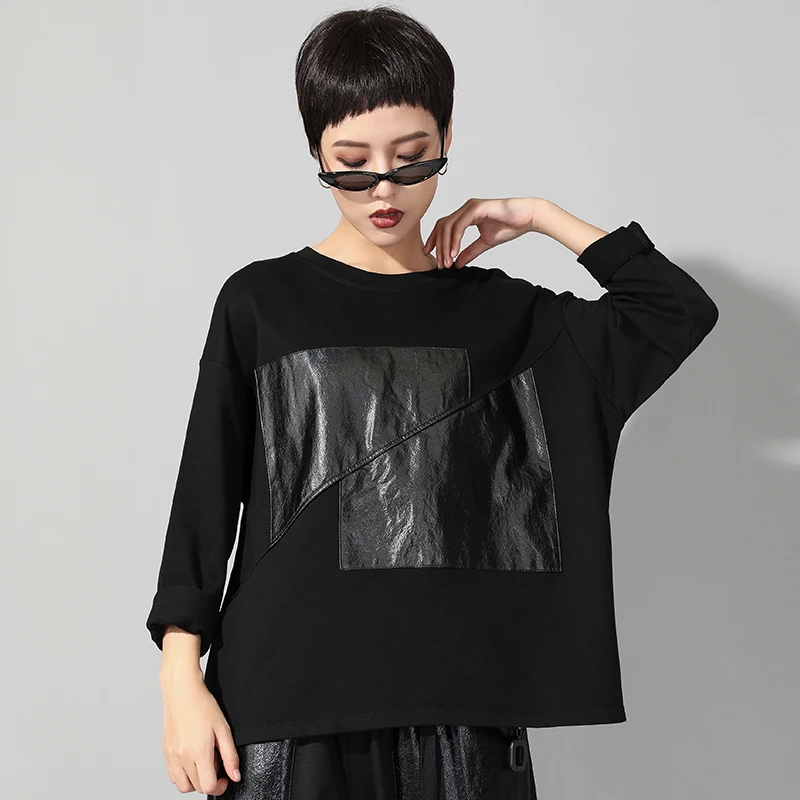 Milinsus, осенняя женская футболка, из кусков, яркая ткань, с круглым вырезом, футболки, Простые Топы, уличная женская футболка, черная футболка, одежда - Цвет: Черный