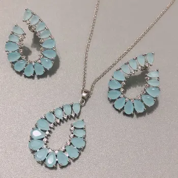 

Bilincolor fashion light blue stone simple bridal wedding necklace and earrings set party jewelry sets for women